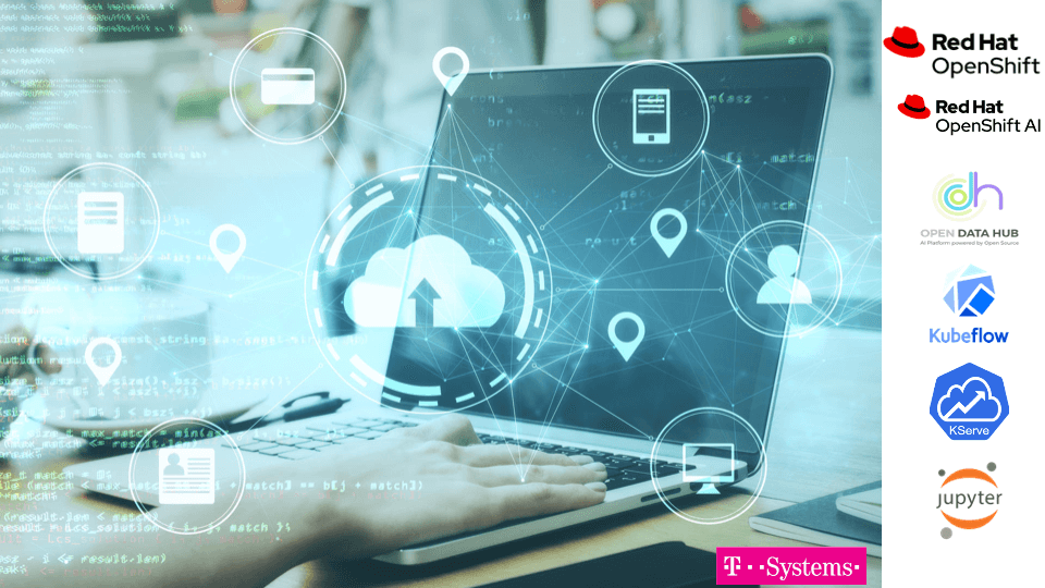 Eine Hand auf der Tastatur eines aufgeklappten Laptops mit transparenten Icons.