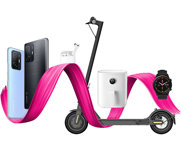 Xiaomi Geräte, Smartphone, Kopfhörer, E-Roller, Smartwatch und ein Band in magenta