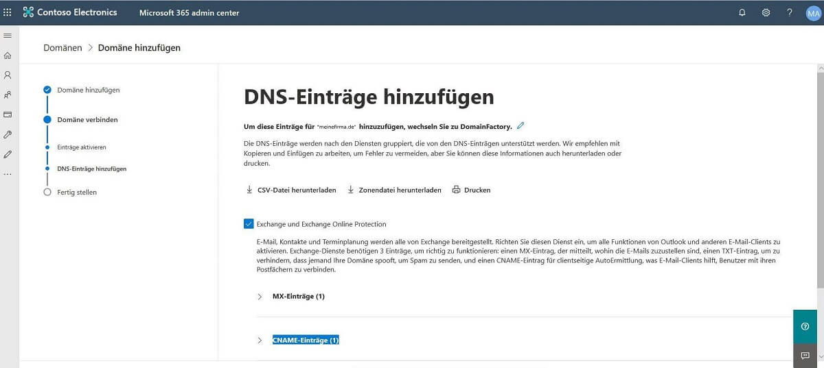 Microsoft 365 Admin Center - DNS-Eintäge hinzufügen