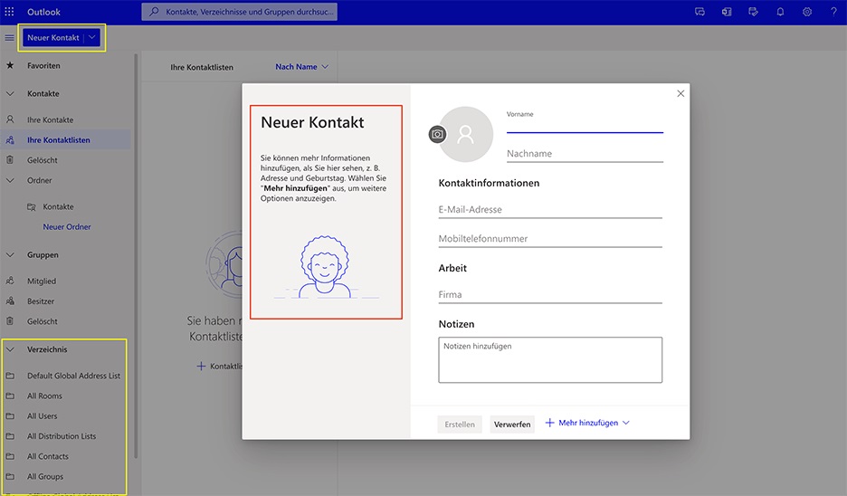 Benutzeroberfläche in Outlook zur Anlage "Neuer Kontakt" 
