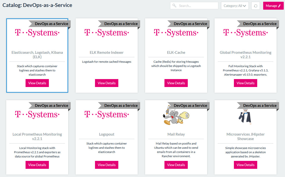 Screenshot mit einer Übersicht des DevOps Anwendungskataloges der Telekom
