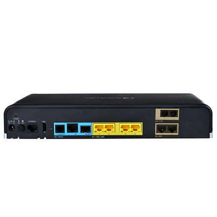 Router AudioCodes M500Li Ansicht Rückseite mit unter anderem vier Ethernet-LAN-Anschlüssen, zwei ISDN-S0- und zwei analogen a/b-Anschlüssen