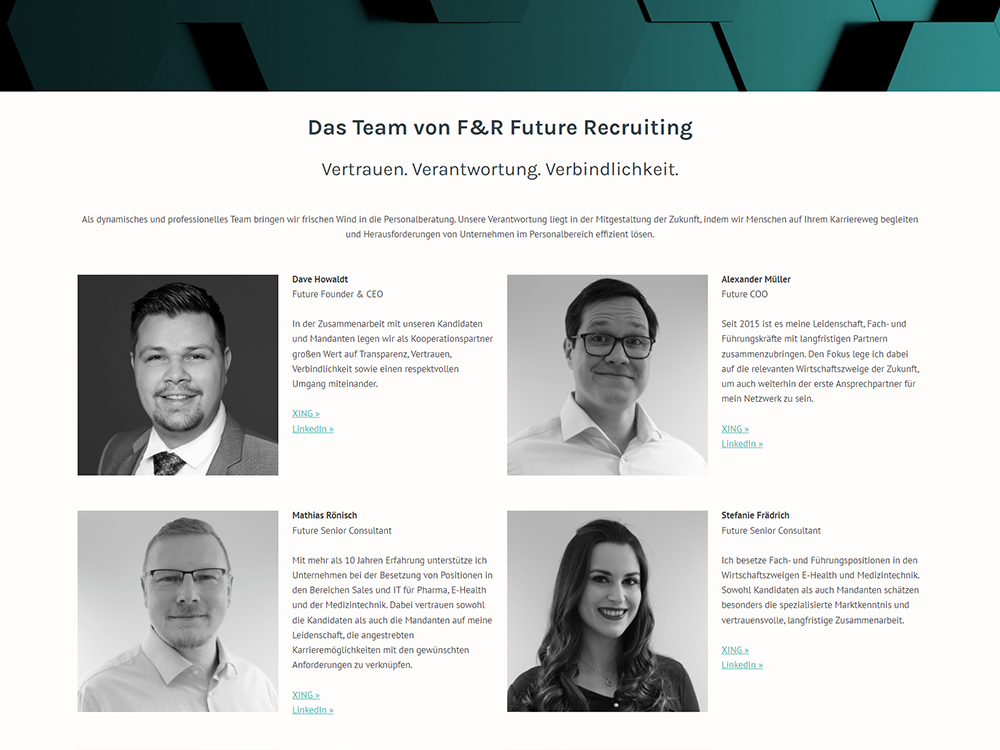 Bildschirmausschnitt des F&R Recruiting Teams 