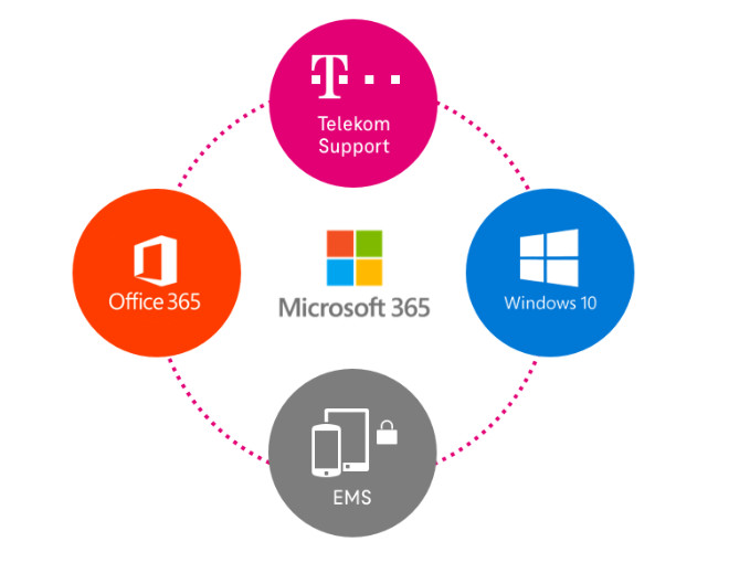 Kreisförmig angeordnete Komponenten des Microsoft 365 Enterprise Komplettpakets: Telekom Support, Windows 10, EMS und Office 365
