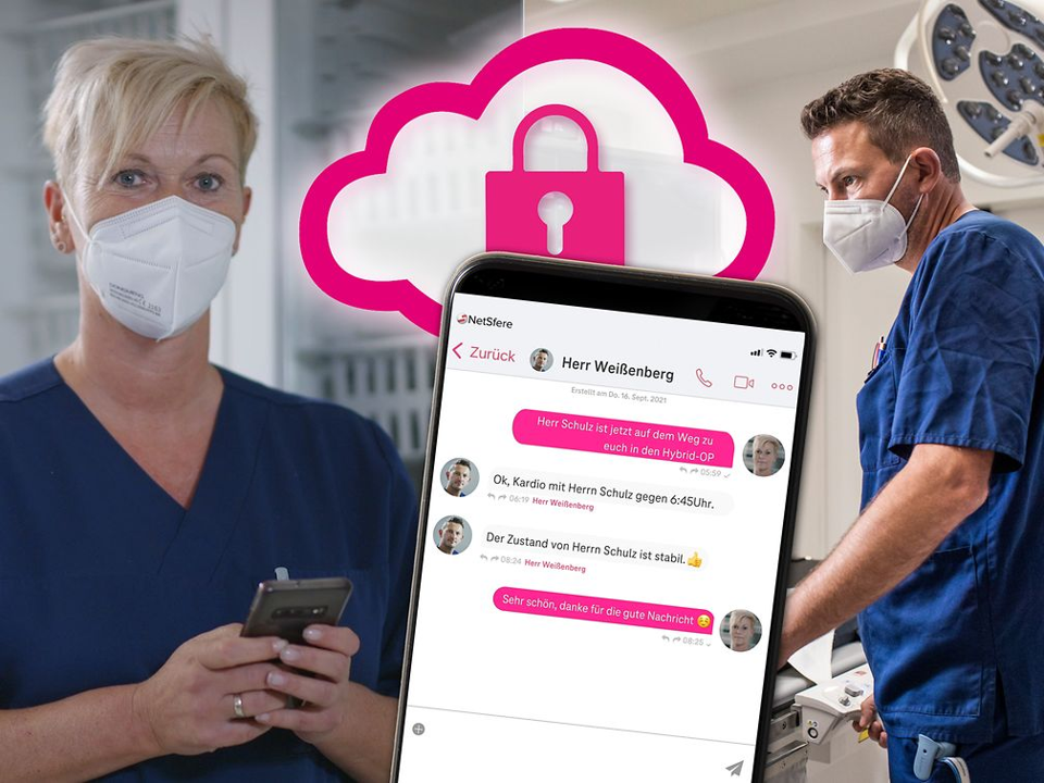 NetSfere im Gesundheitsbereich, Abbildung von iPhone genutzt von Mann und Frau mit Maske im Krankenkaus
