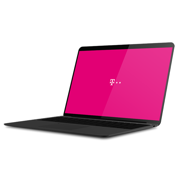 Image of an opened laptop with Telekom wallpaper on screen