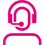 Das magentafarbene Icon zeigt ein Illustration mit einem Kopf und einem Headset. Die Grafik steht für den Kundendienst.
