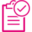Das magentafarbene Icon zeigt ein illustratives Klemmbrett mit einem Haken. Es steht für die Vorteile der CRM System Information.