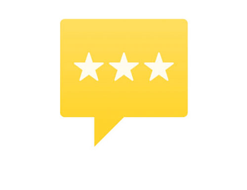 Eckige gelbe Sprechblase mit drei weißen Sternen, welche symbolisch für gute Kundenbwertungen stehen