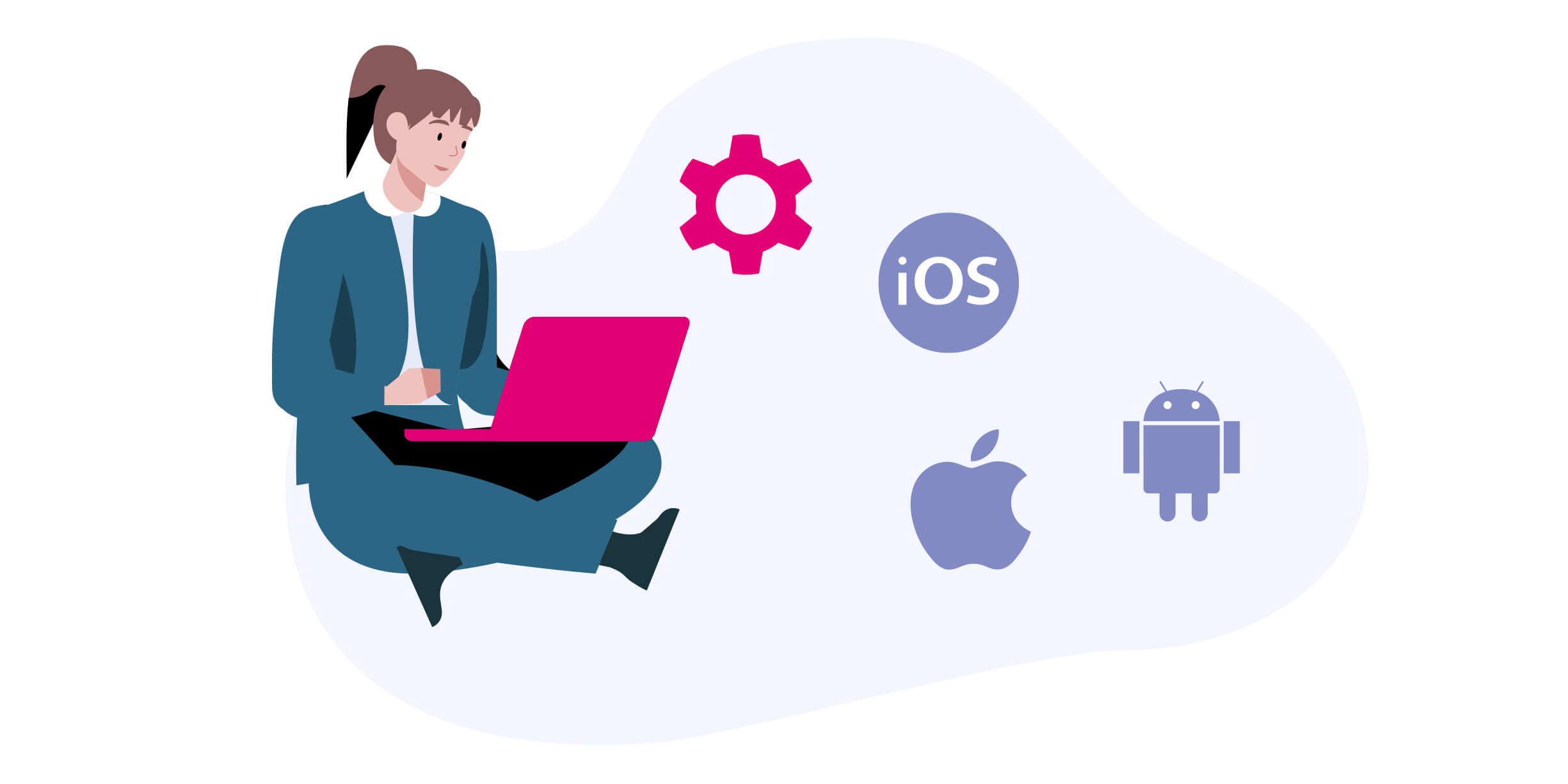 Icon mit einem Nutzer am Laptop und den Zeichen für Einstellungen, iOS und Apple 