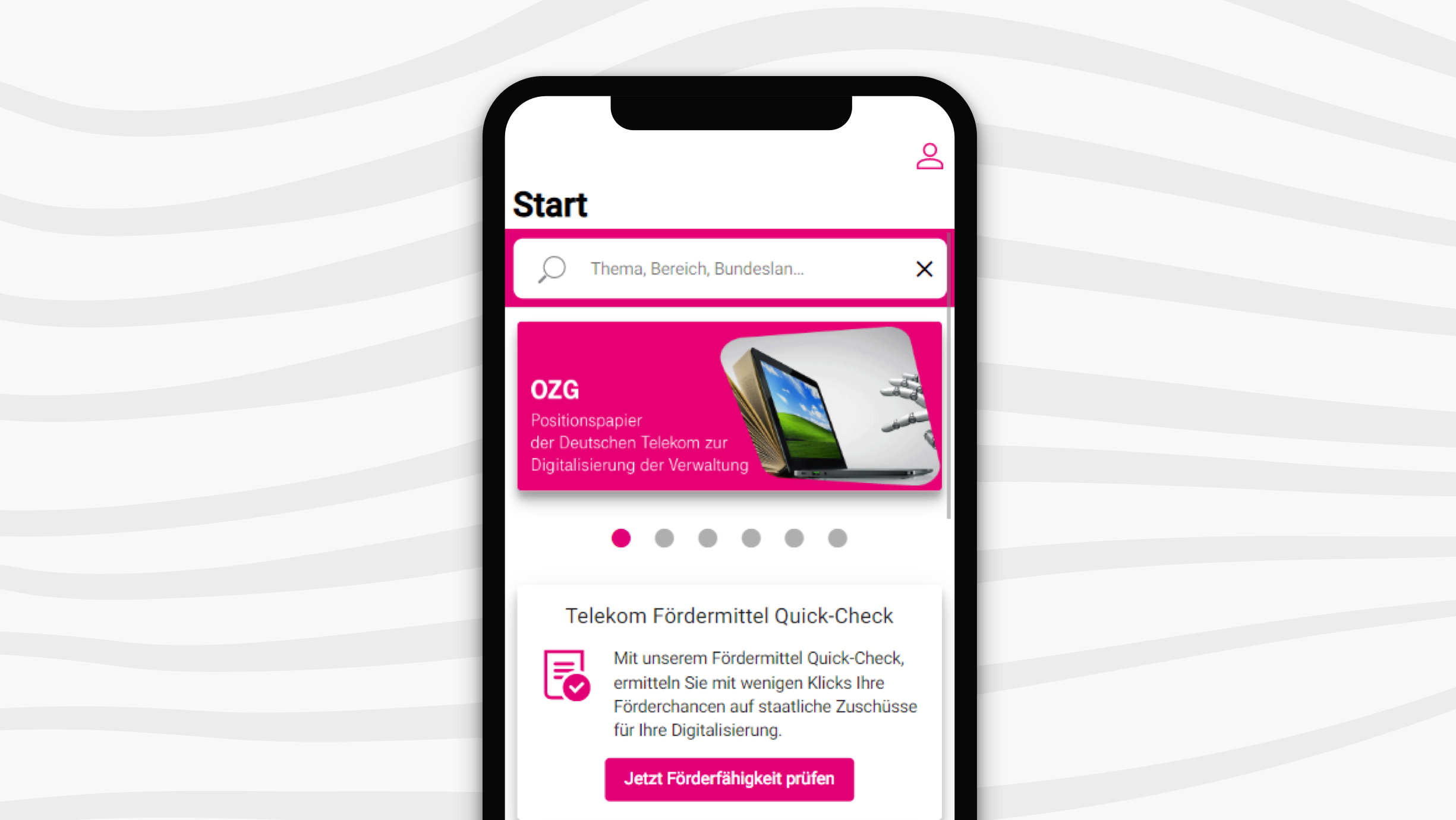 Smartphone mit OZG-Teaser und Telekom Fördermittel Quick-Check auf dem Display