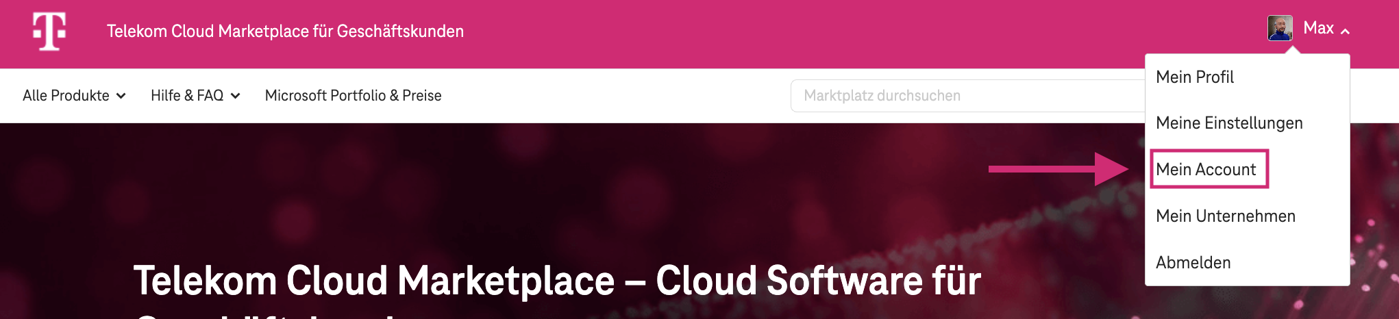 Screenshout aus dem Telekom Cloud Marketplace im Bereich Meine Produkte