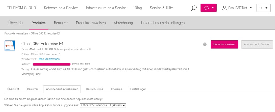 Screenshout aus dem Telekom Cloud Marketplace:Produkt aktualisierence: