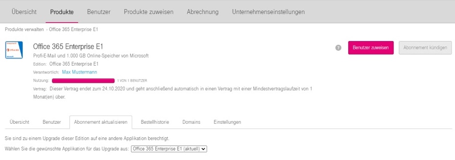 Screenshout aus dem Telekom Cloud Marketplace:Produkt aktualisierence: