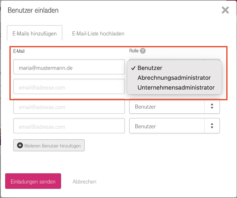 Wie kann ich weitere Personen zu einem Account im Telekom Cloud Marketplace hinzufügen? (Screenshot Schritt 5)