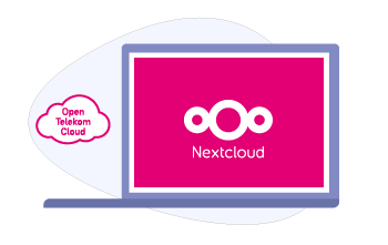 Illustration mit geöffnetem Laptop und Logos von Open Telekom Cloud und Nextcloud