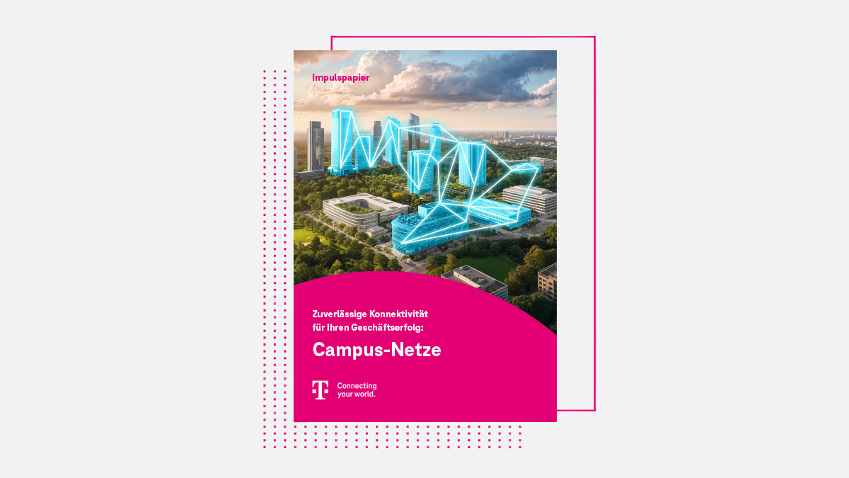 Titelbild Impulspapier mit Campus-Gebäude verbunden durch hellblaue Netzlinien im Hintergrund und Überschrift auf Magenta im Vordergrund