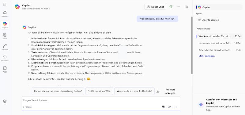 Die Chat-Oberfläche von Microsoft Copilot Chat