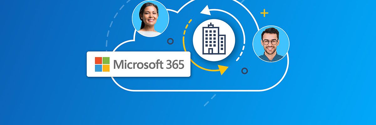 Grafik mit Schriftzug "Microsoft 365", Porträts einer Frau und eines Mannes, verbunden durch Pfeile, Logo von SkyKick und Telekom-Servicehinweis.