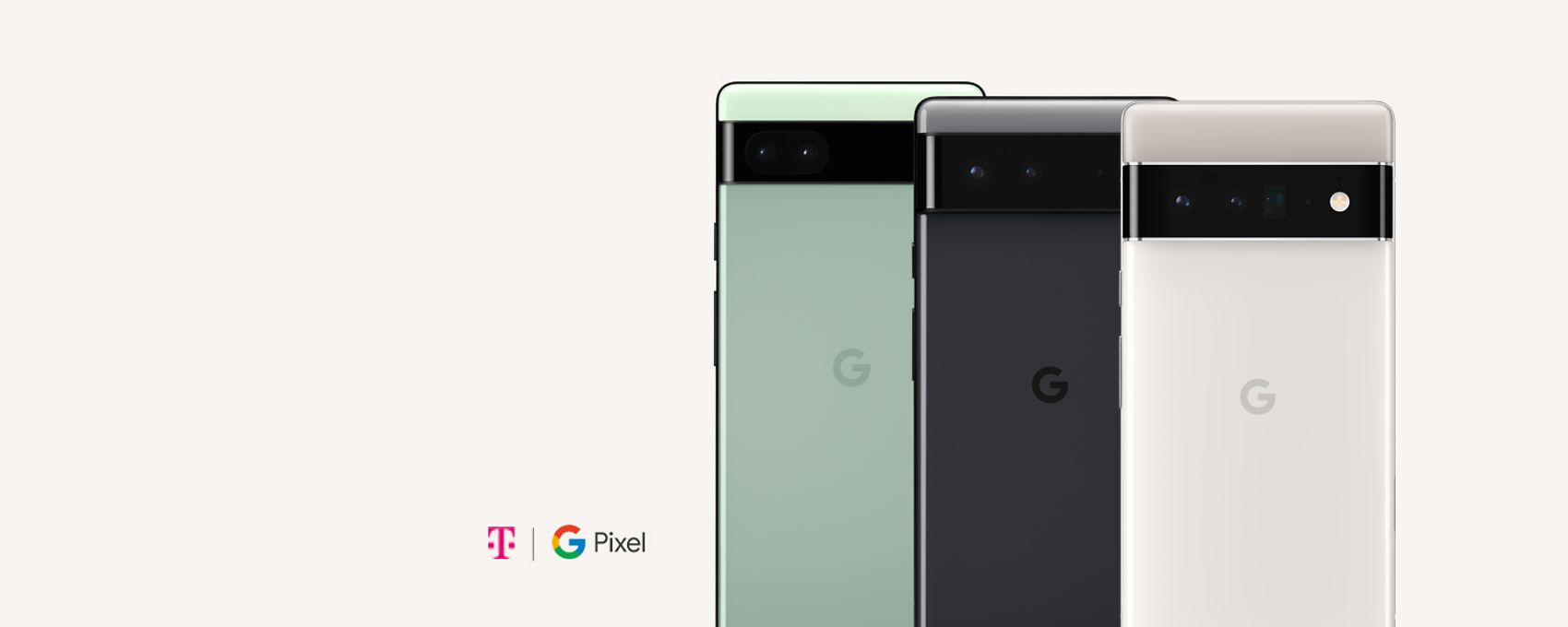 Drei Google Pixel 6 Handys mit magenta Farbenen Formen und Telekom und Google Logo.