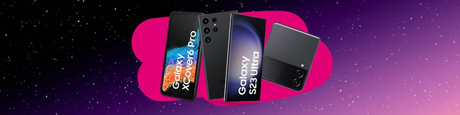 Samsung Galaxy Geraete XCover, S23 Ultra und Flip4 vor Galaxie.