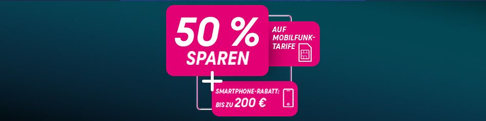 Abbildung Aktionsangebot: 50 % auf den Grundpreis sparen und bis zu 200 € Smartphone-Rabatt sichern.