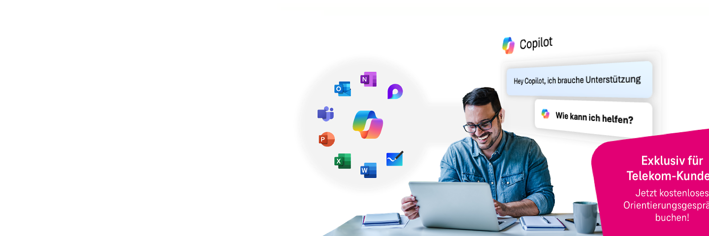 Microsoft Copilot Icon, umgeben von Icons aller Office Anwendungen auf blauem Hintergrund