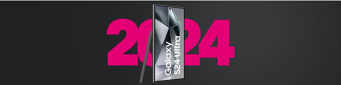 Samsung Galaxy S24 Ultra stehend vor 2024 Schriftzug