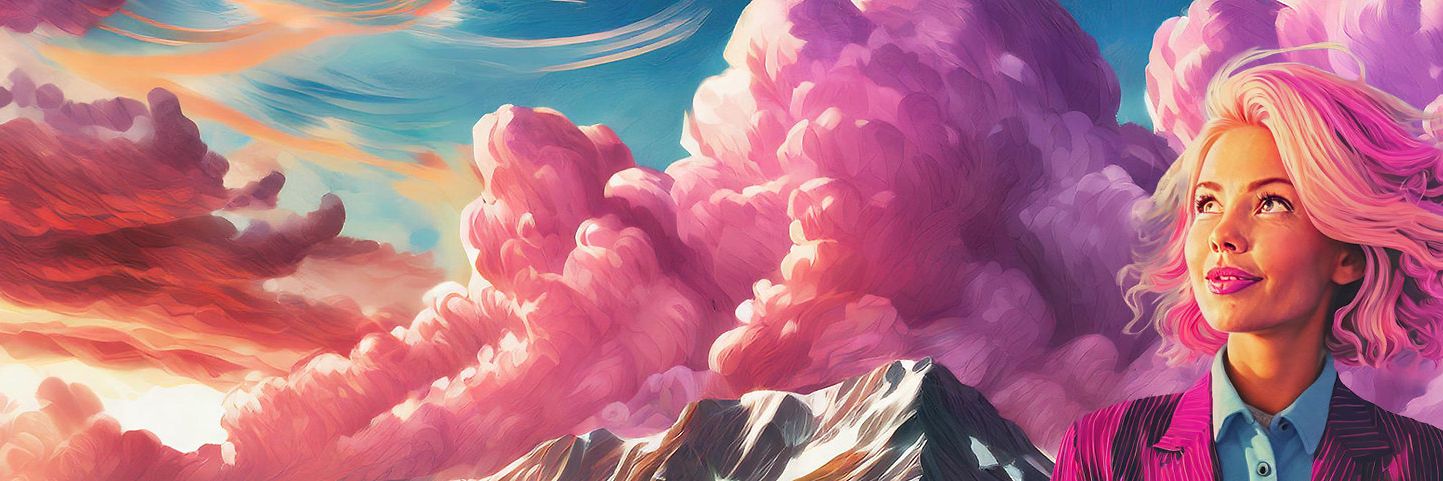 Illustration einer Frau mit pinken Haaren vor einer Kulisse aus Bergen und pinken Wolken