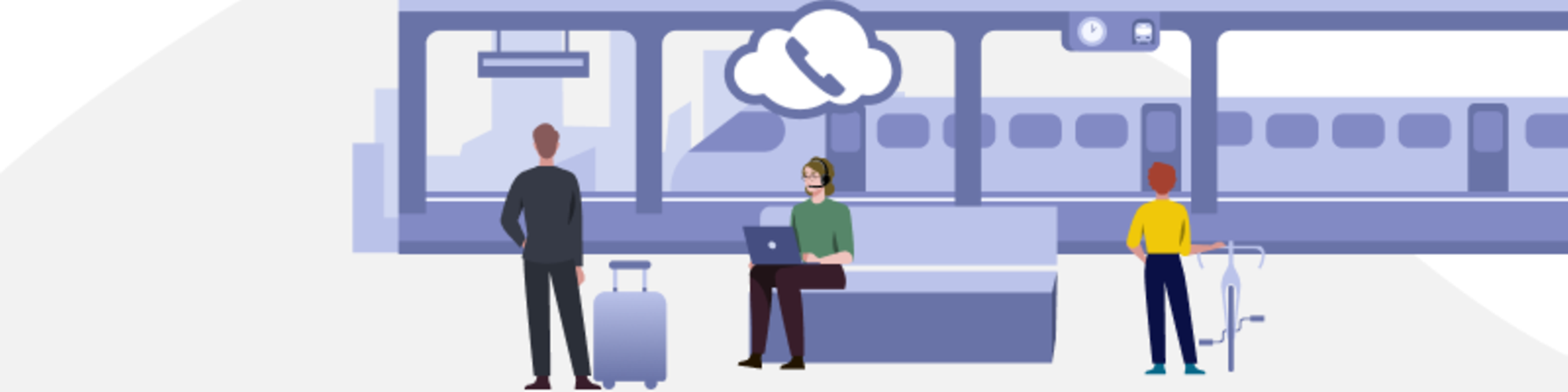 Frau sitzt mit Laptop am Bahnhof mit einer Cloud Wolke über Kopf