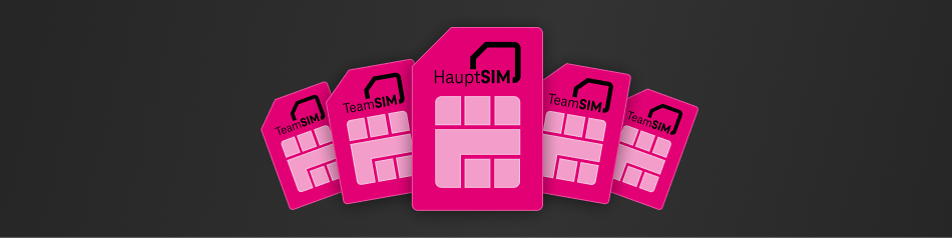 Abbildung einer Haupt-SIM und 4 Team-SIM Karten in magenta 