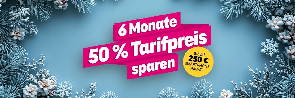 Weihnachtskranz mit Fokus auf Aktion 6 Monate 50% Tarifpreis sparen Bühne Fullscreen in Desktopansicht