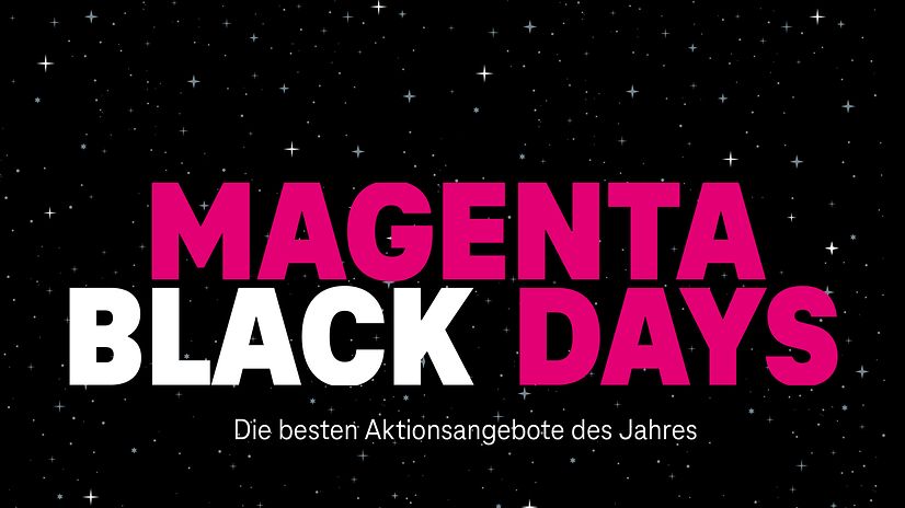 Magenta Black Days Schriftzug auf schwarzem Hintergrund mit Sternchen