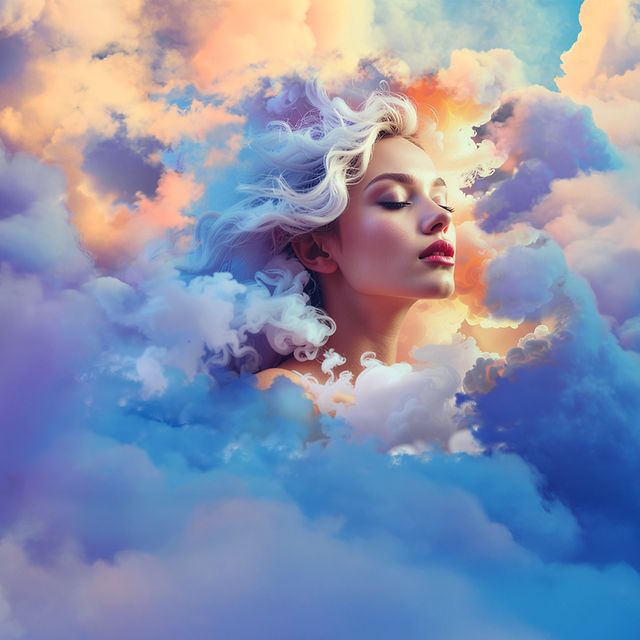 Frauengesicht eingebettet in Wolkenmotiv als Symbol für Cloud-Computing.