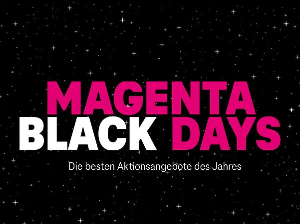 Magenta Black Days Schriftzug auf schwarzem Hintergrund mit Sternchen
