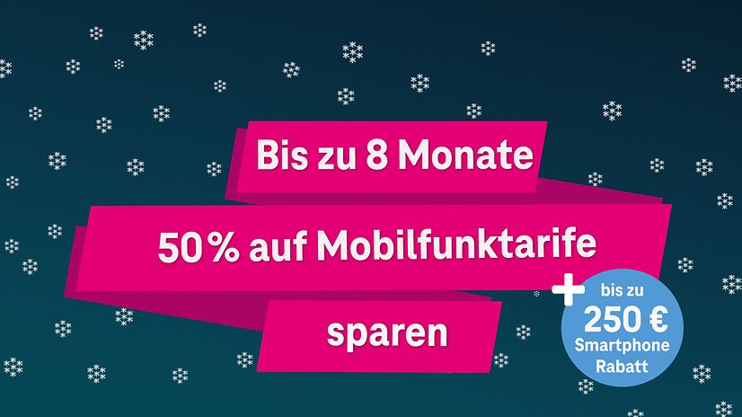 Aktion: Bis zu 8 Monate 50 % Rabatt auf Mobilfunktarife und bis zu 250 € Smartphone-Rabatt