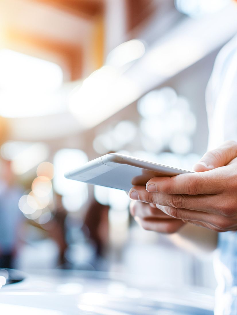 Man checks his emails on his tablet while travelling