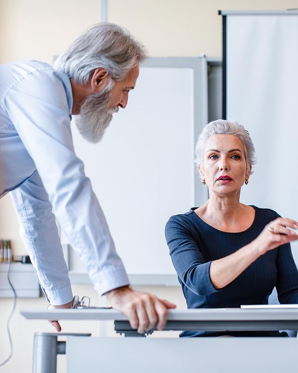 An employee is attending to a customer.