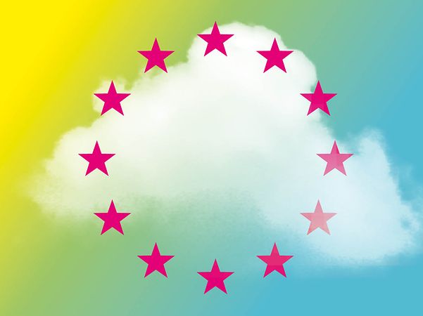 European flag adapted: magenta stars on a yellow-green-blue background and a cloud