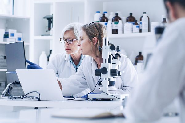 Mehrere Ärztinnen sitzen in einem Labor vor einem Laptop und schauen gemeinsam auf die elektronische Patientenakte