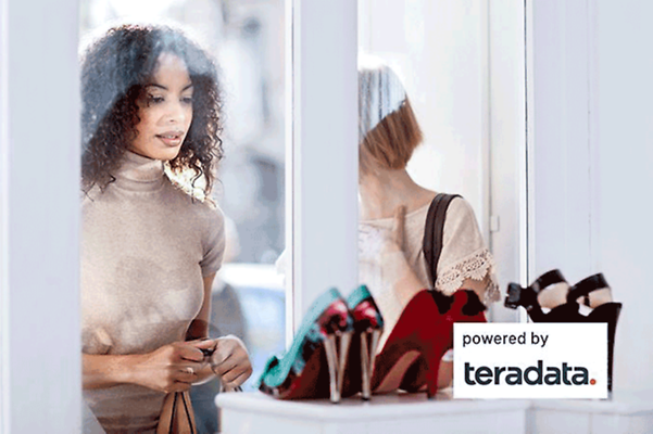 Business analytics in retail shows two women looking through the window of a shoe shop.