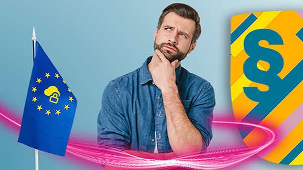 Mann ist nachdenklich neben Europafahne