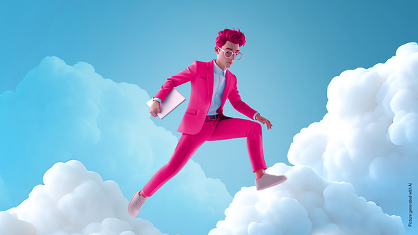AI-generated graphic with man in magenta suit jumping above the clouds