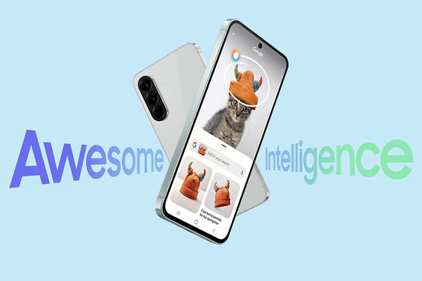 Product image of Samsung A 56 on a blue background, next to it the lettering Awesome Intelligence