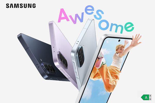 Product image of the Samsung A56 on a blue background, with the text ‘Awesome Intelligence’ next to it