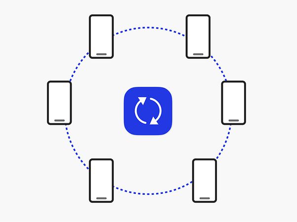 Infographic on Samsung Knox E-FOTA One: illustration of smartphones being updated simultaneously