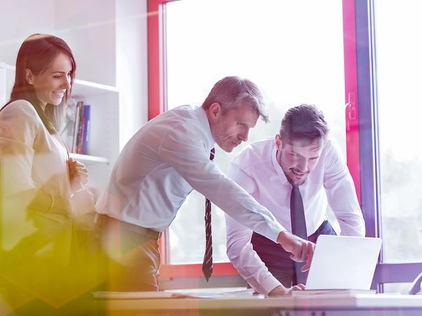 Team discussing strategies in a business meeting – symbolic image for the T Business Partner Programme