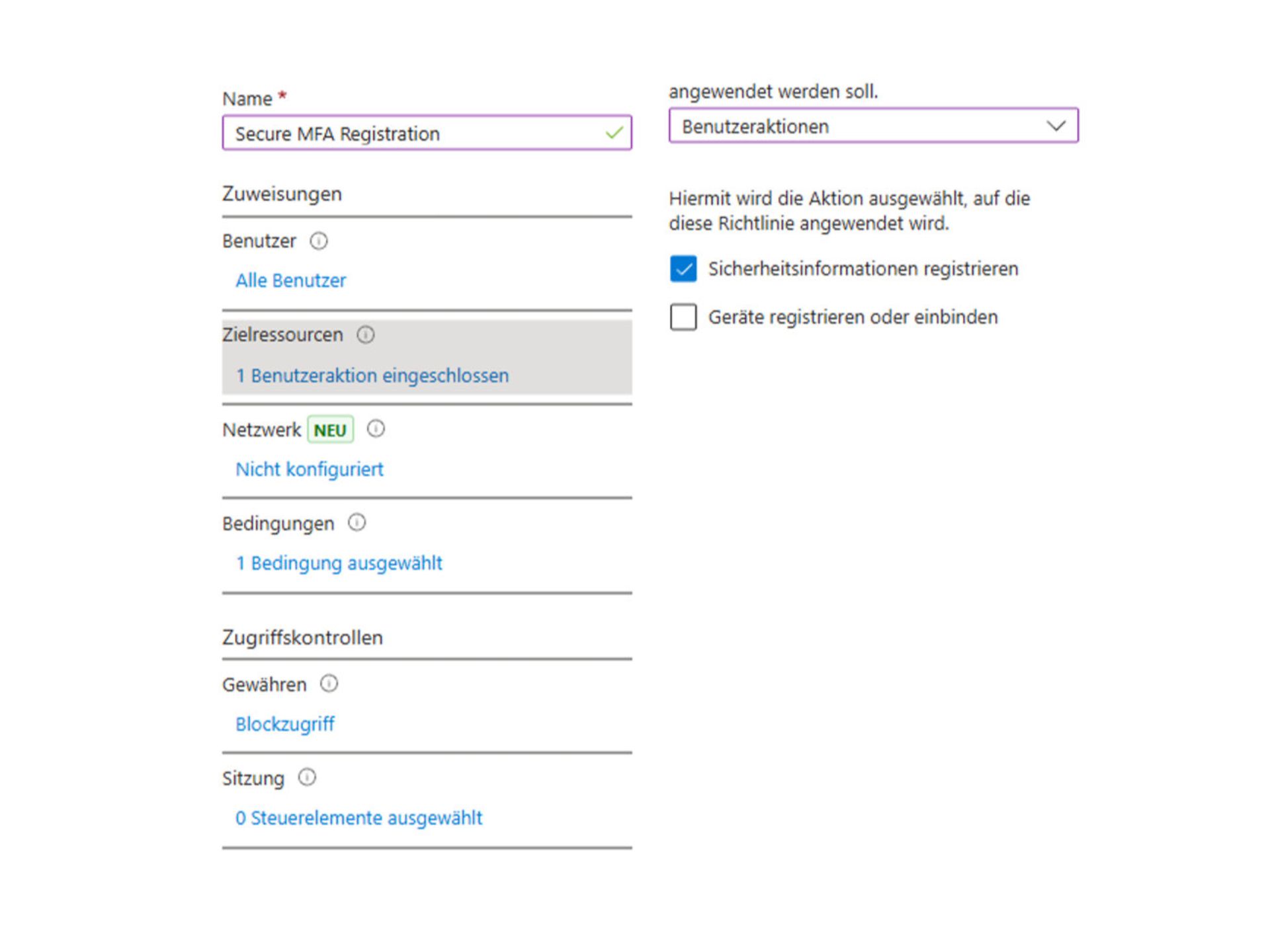 Screenshot of the CA policy for enforcing MFA registration