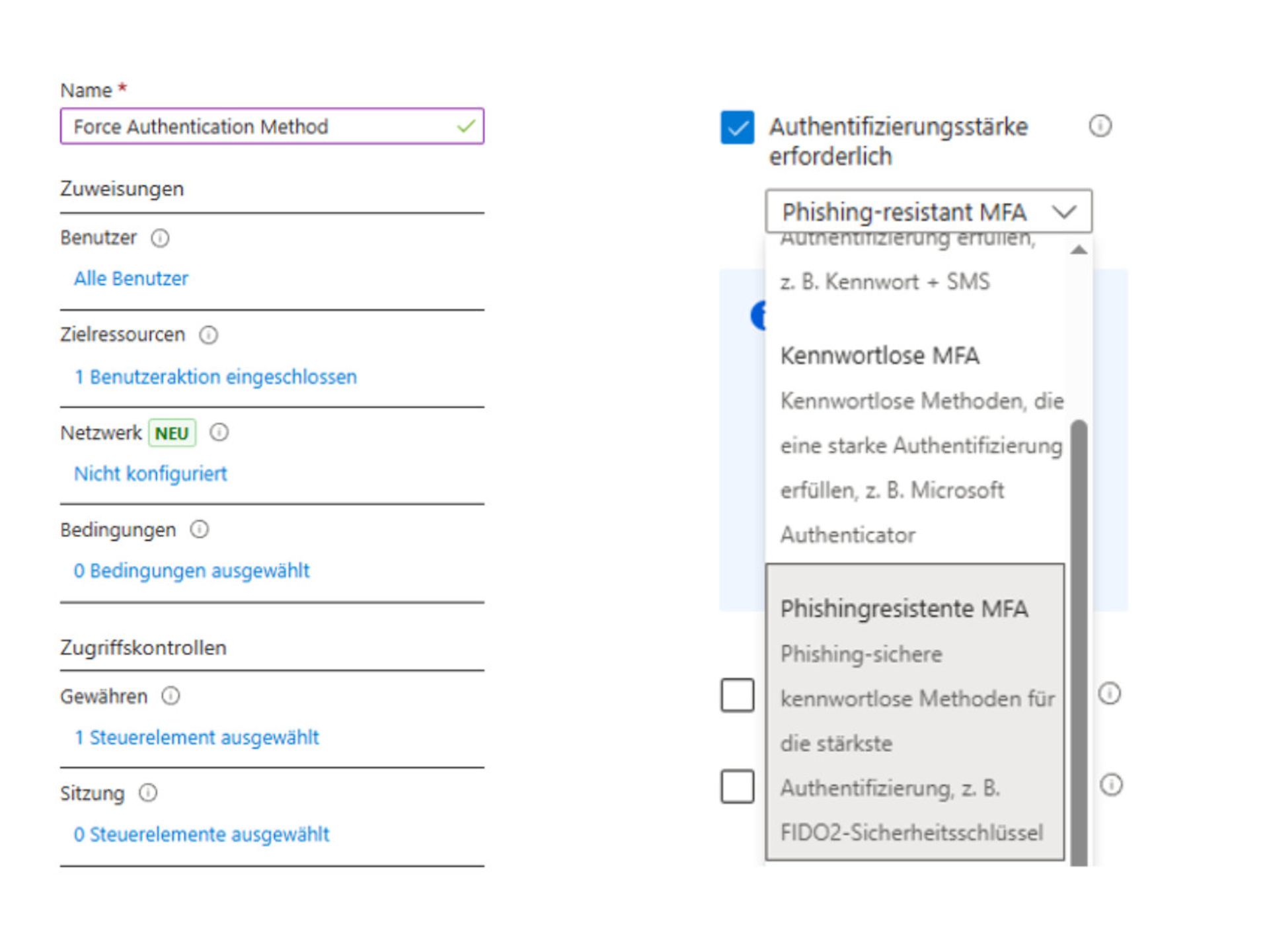 Screenshot of the CA policy for defining the MFA authentication strength