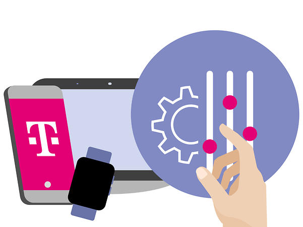 Handy, Tablet, Kabel und eine Hand, die auf ein Symbol zum Thema Einstellungen zeigt.